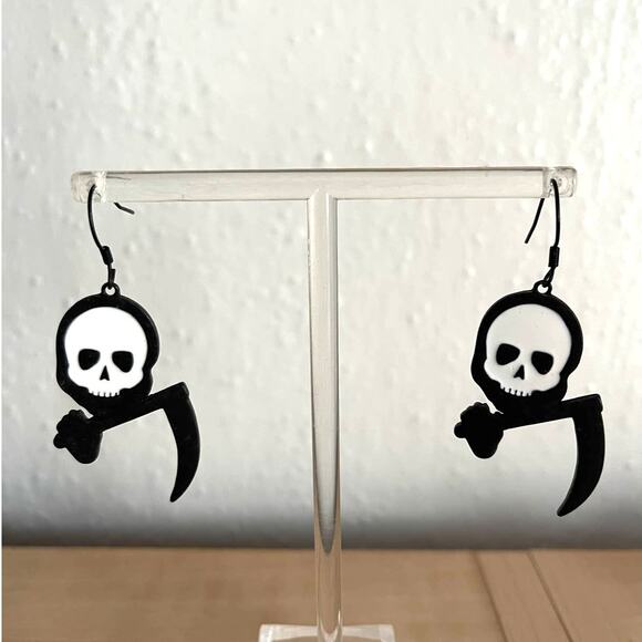 Skull Reaper Black Earrings Womens Halloween Skeleton Punk Rock Gothic Jewelry - Picture 5 of 6